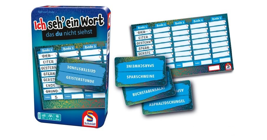 Auf weißem Hintergrund ist ein deutsches Wortspiel-Set mit einer Blechdose, Punkteblättern und blauen Wortkarten abgebildet.