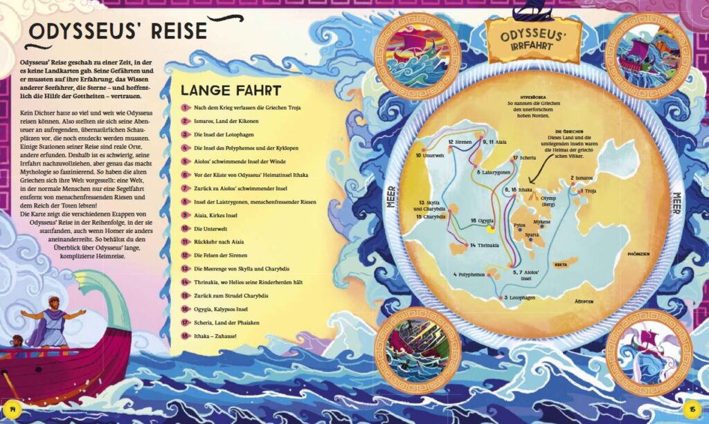 Illustrierte deutschsprachige Seite, die Odysseus’ Reise darstellt, einschließlich einer Karte mit Zwischenstopps, einer Liste der Ereignisse und Dekorationen zum Thema Meer mit Fabelwesen und Schiffen.