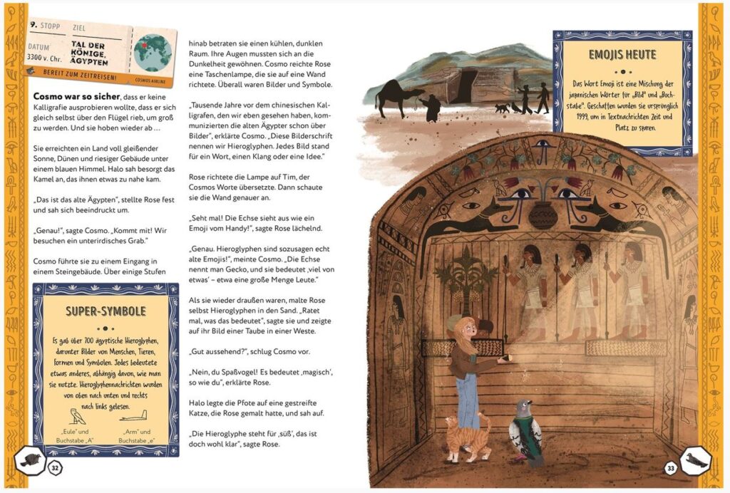 Eine Seite aus einem Kinderbuch mit illustrierten Szenen aus dem alten Ägypten, darunter eine Frau und ein Junge in einem Grab, Bisons neben einer Hütte sowie ein deutscher Text mit einem Abschnitt über alte Symbole und Emojis.