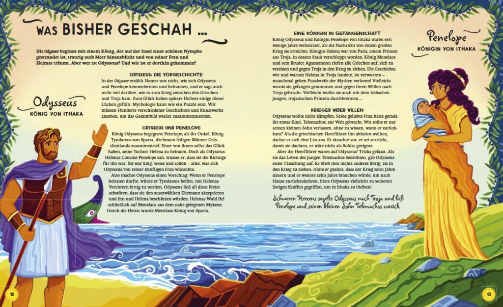 Seite aus einem illustrierten Bilderbuch mit Szenen aus der griechischen Mythologie und Text auf Deutsch; Odysseus steht auf Felsen am Meer, während Penelope und ein Kind auf einer Wiese neben Bäumen und Blumen stehen.