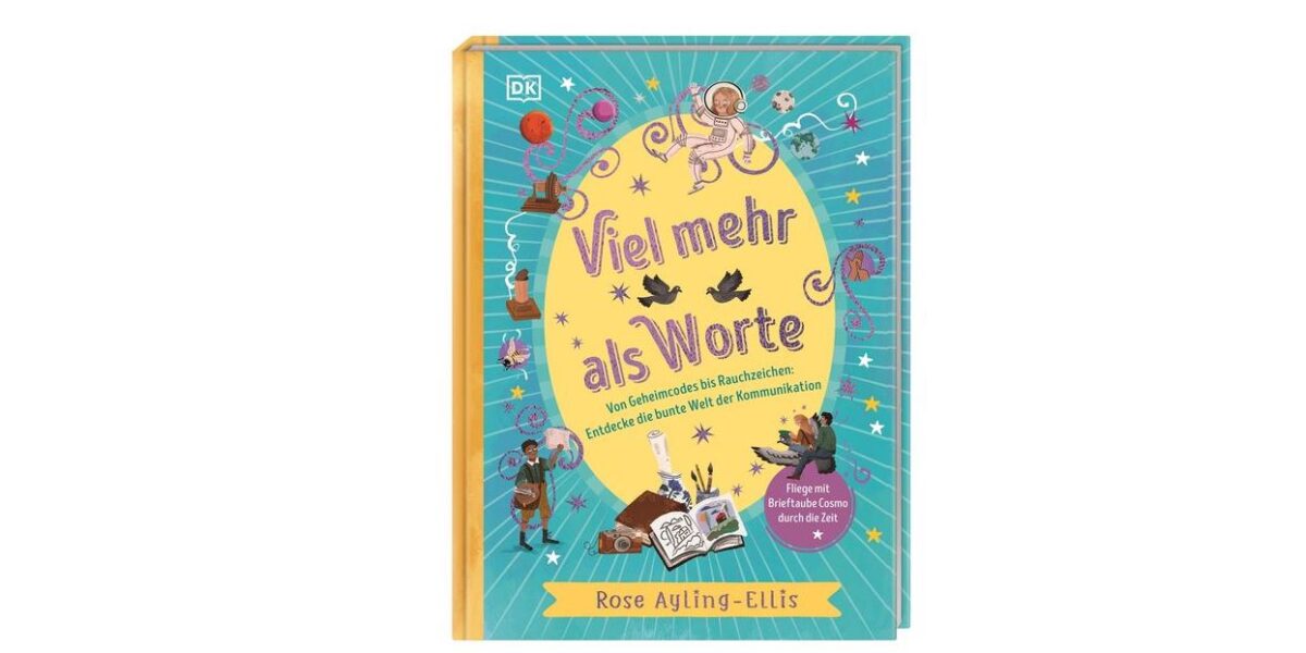 Buchcover von „Viel mehr als Worte“ von Rose Ayling-Ellis mit farbenfrohen Illustrationen von Händen, Büchern und verschiedenen Gegenständen auf blauem Hintergrund.