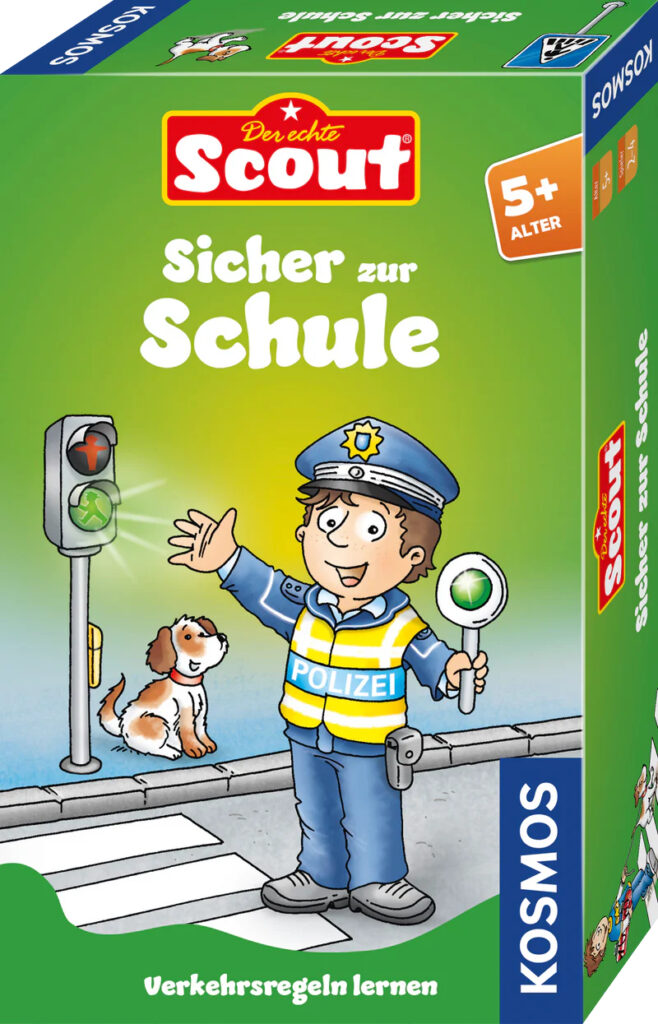 Schachtel für das Brettspiel „Scout – Sicher zur Schule“, auf der ein Comic-Polizist zu sehen ist, der einem Kind und einem Hund hilft, an einer Ampel die Straße zu überqueren. Ab 5 Jahren.