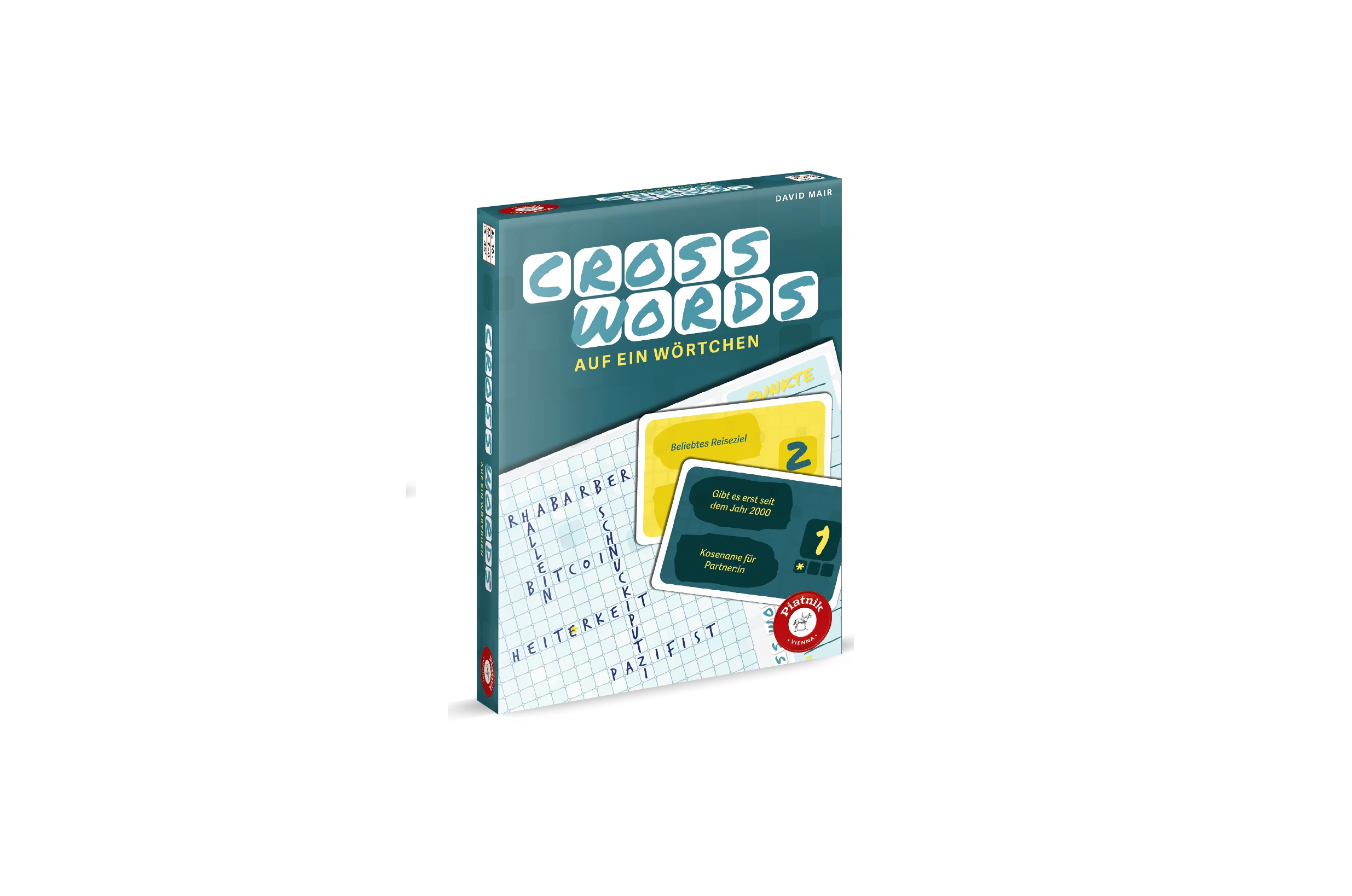 Schachtel für das deutsche Spiel „Cross Words: Auf ein Wörtchen“ mit Motiven zum Thema Kreuzworträtsel und zwei Beispielkarten auf dem Cover.