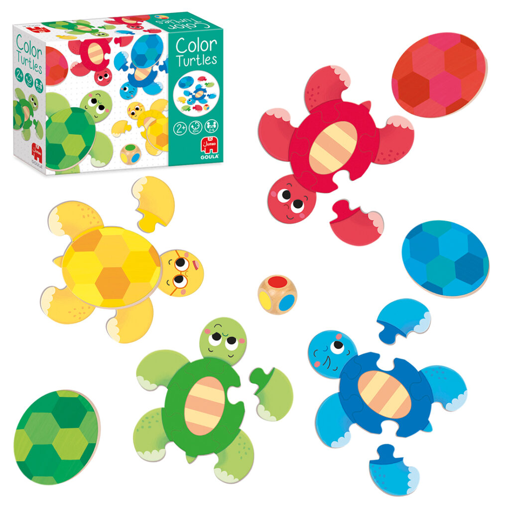 Vier bunte Schildkröten-Puzzles, ein Farbwürfel und eine Spieleschachtel mit der Aufschrift „Color Turtles“ auf weißem Hintergrund. Jede Schildkröte ist in einzelne, ineinandergreifende Teile unterteilt.