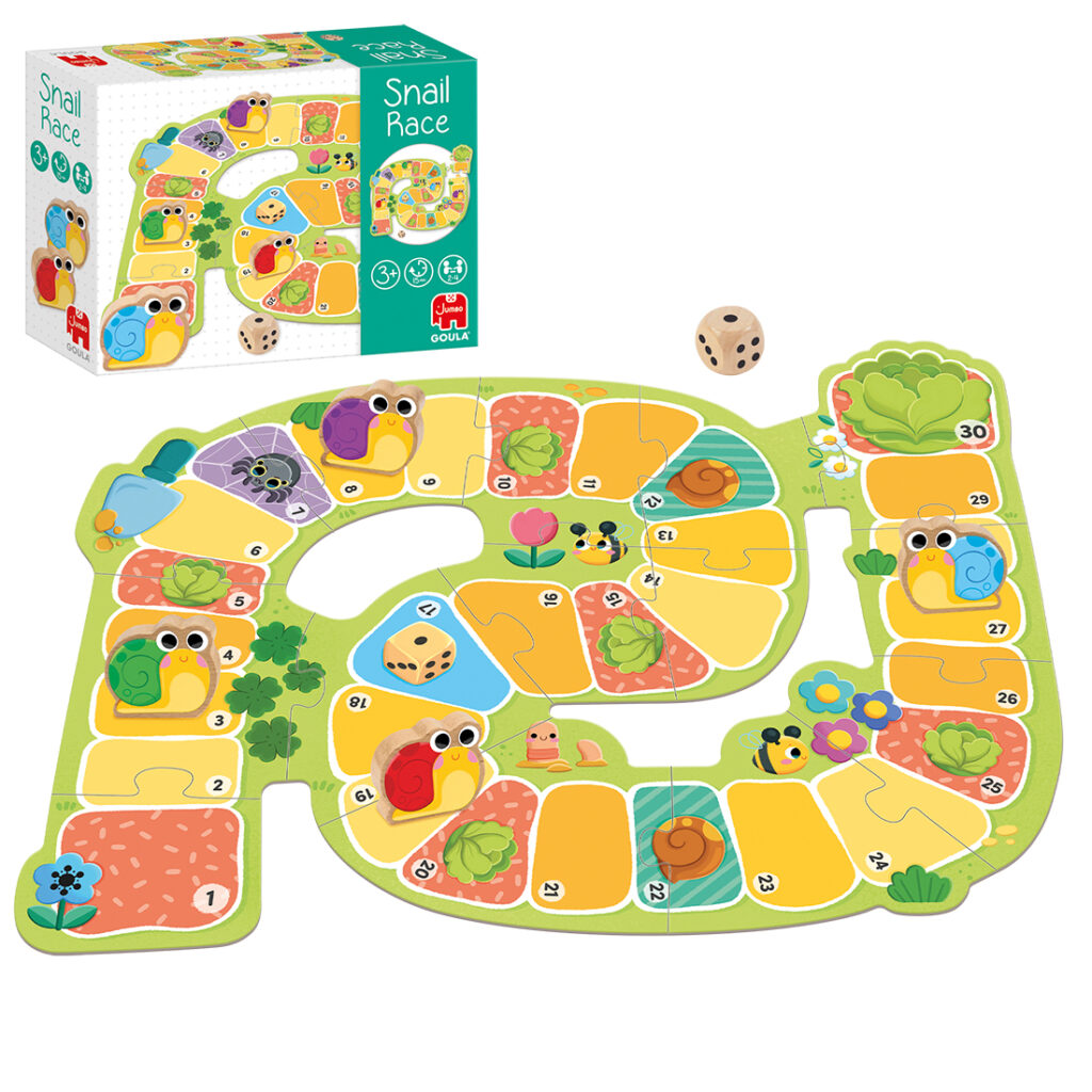 Ein farbenfrohes Brettspiel zum Thema Schnecken mit einem nummerierten, gewundenen Spielfeld, sechs Schneckenfiguren, einem Würfel und einer passenden Schachtel im Hintergrund.