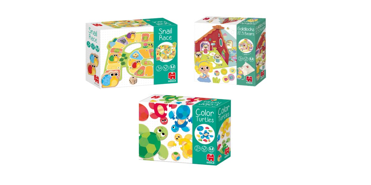 Drei farbenfrohe Spieleschachteln für Kinder: „Schneckenrennen“, „Goldilocks & die drei Bären“ und „Farbige Schildkröten“ – mit verspielten Tierillustrationen und Altersempfehlungen auf der Verpackung.