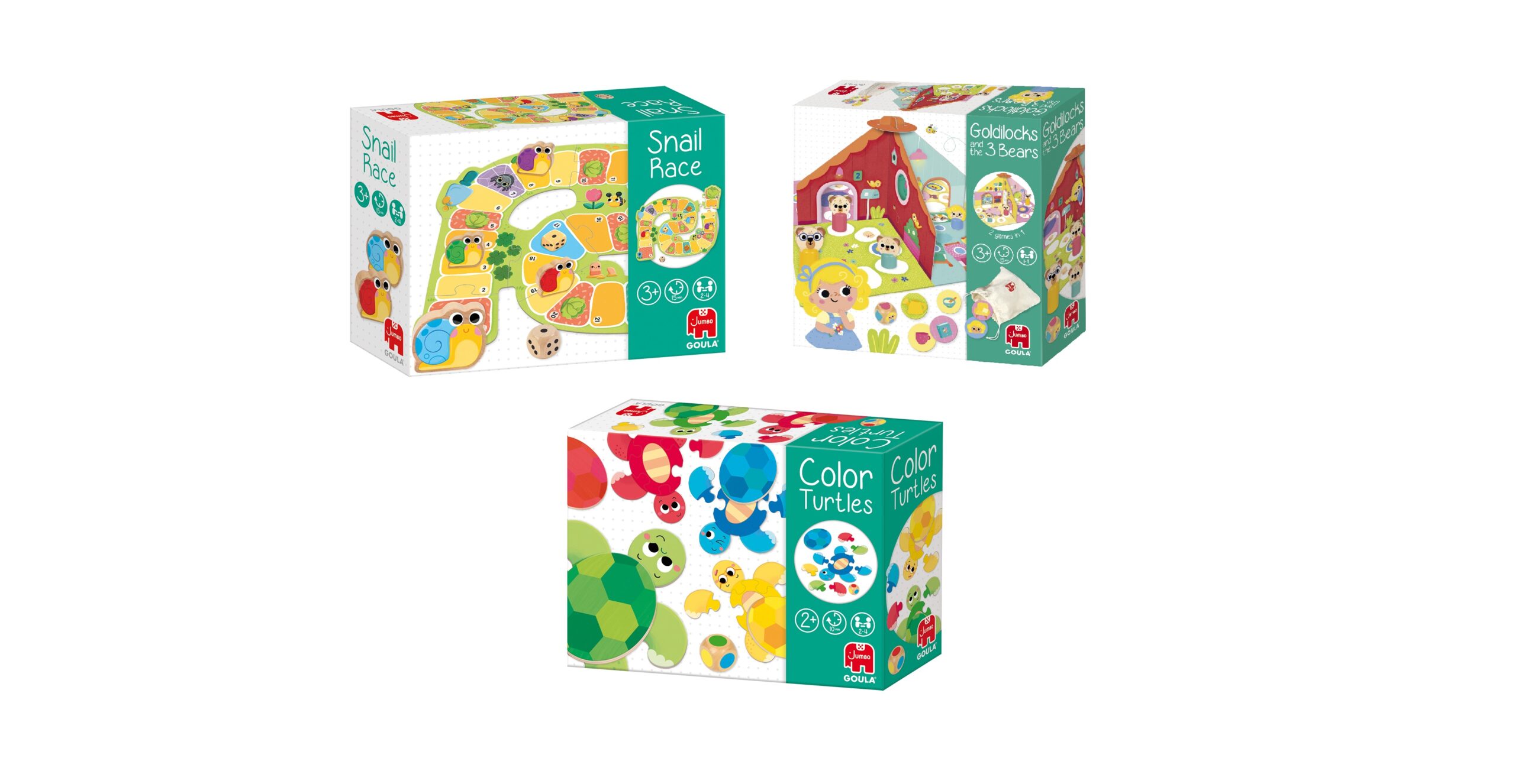 Drei farbenfrohe Spieleschachteln für Kinder: „Schneckenrennen“, „Goldilocks & die drei Bären“ und „Farbige Schildkröten“ – mit verspielten Tierillustrationen und Altersempfehlungen auf der Verpackung.