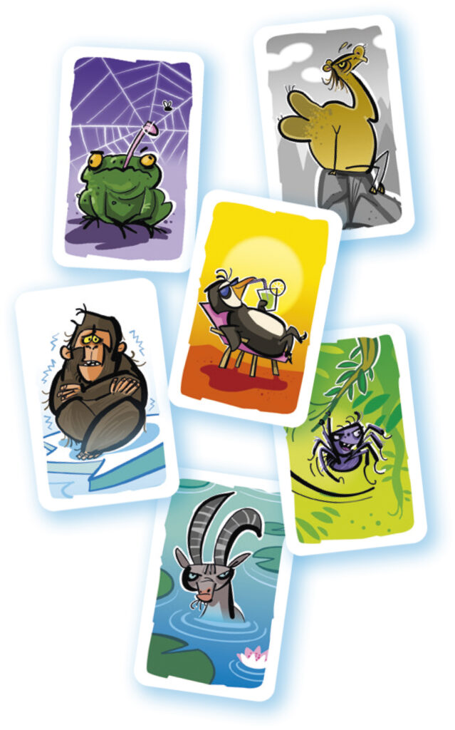 Sechs illustrierte Spielkarten mit verschiedenen Tierfiguren aus Zeichentrickfilmen, darunter ein Frosch, ein Faultier, ein Schimpanse, ein Käfer, eine Ziege und eine Spinne, die jeweils in einem verspielten Stil dargestellt sind.