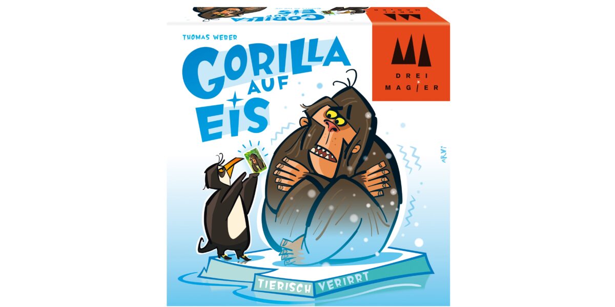 Illustration eines zitternden Gorillas auf Eis, der sich die Arme um den Körper schlingt, während ein Pinguin ihm Tee anbietet. Der deutsche Text lautet „Gorilla auf Eis“ und „Tierisch Verirrt“. In der Ecke ist das „Drei Magier“-Logo zu sehen.