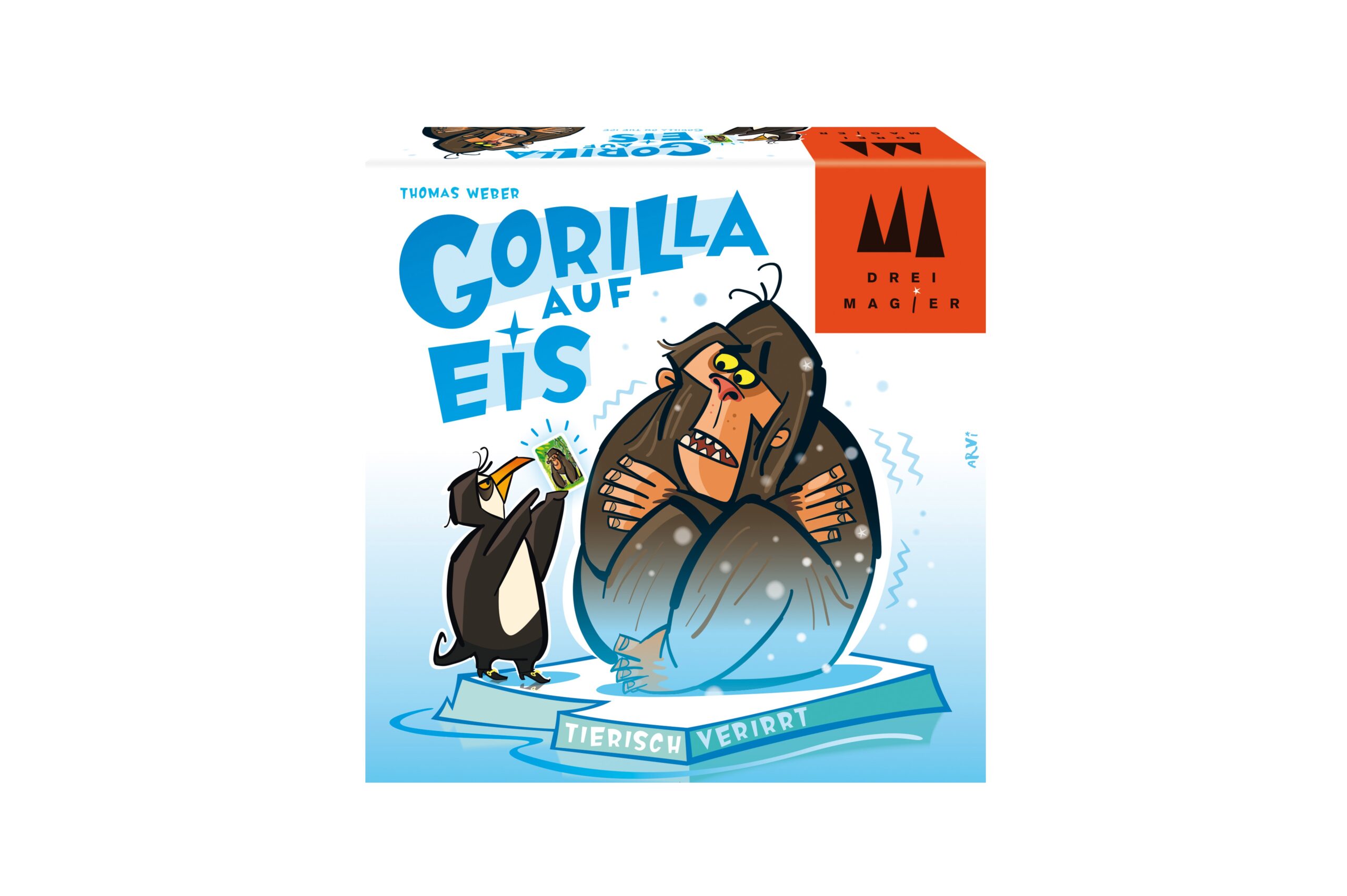 Illustration eines zitternden Gorillas auf Eis, der sich die Arme um den Körper schlingt, während ein Pinguin ihm Tee anbietet. Der deutsche Text lautet „Gorilla auf Eis“ und „Tierisch Verirrt“. In der Ecke ist das „Drei Magier“-Logo zu sehen.