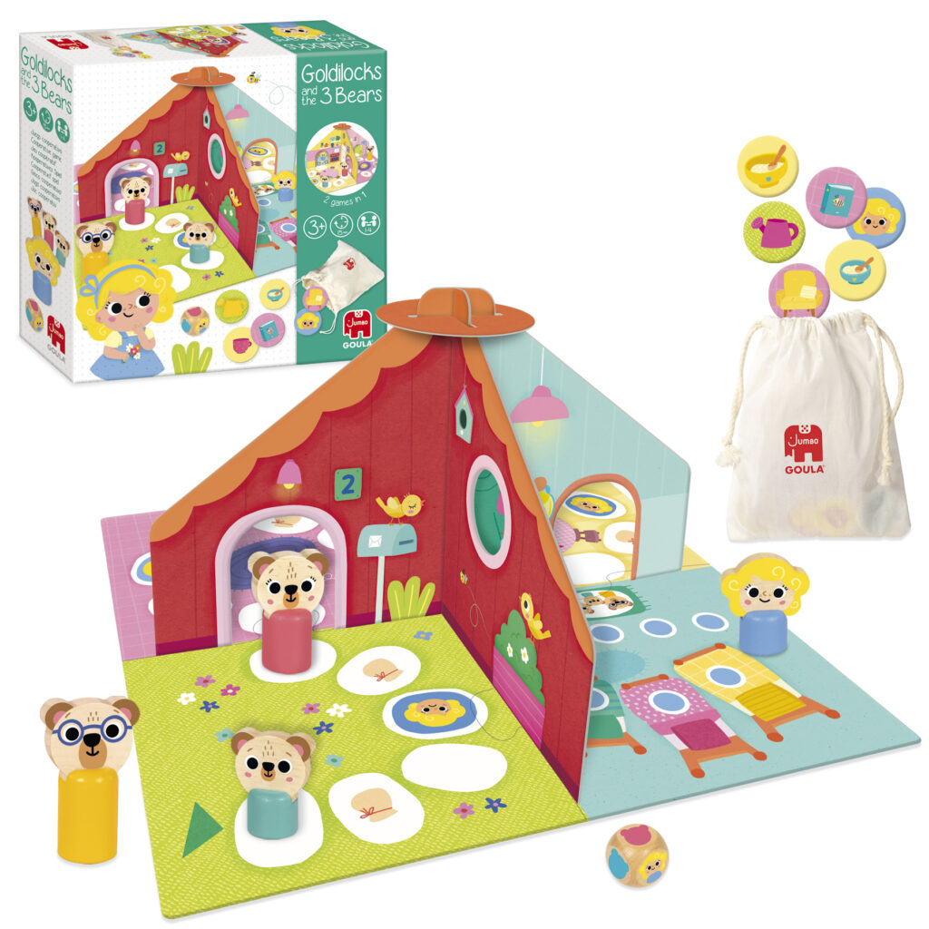 „Goldilocks“-Brettspiel-Set mit 3D-Haus, Bären- und Goldilocks-Figuren, Karten, Holzspielsteinen, Würfeln und einer Aufbewahrungstasche. Die Schachtel und die Spielkomponenten sind farbenfroh und mit Illustrationen versehen.