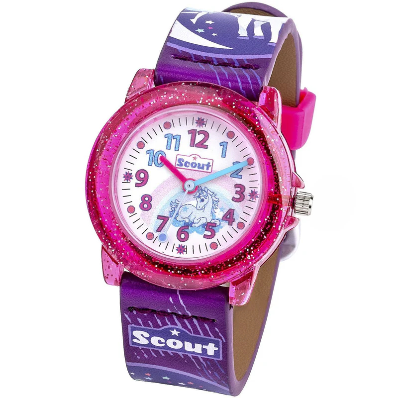 Analoge Kinderarmbanduhr mit einem rosa, glitzernden Gehäuse, einem Einhorn-Motiv auf dem Zifferblatt und einem violetten Armband mit dem „Scout“-Logo.