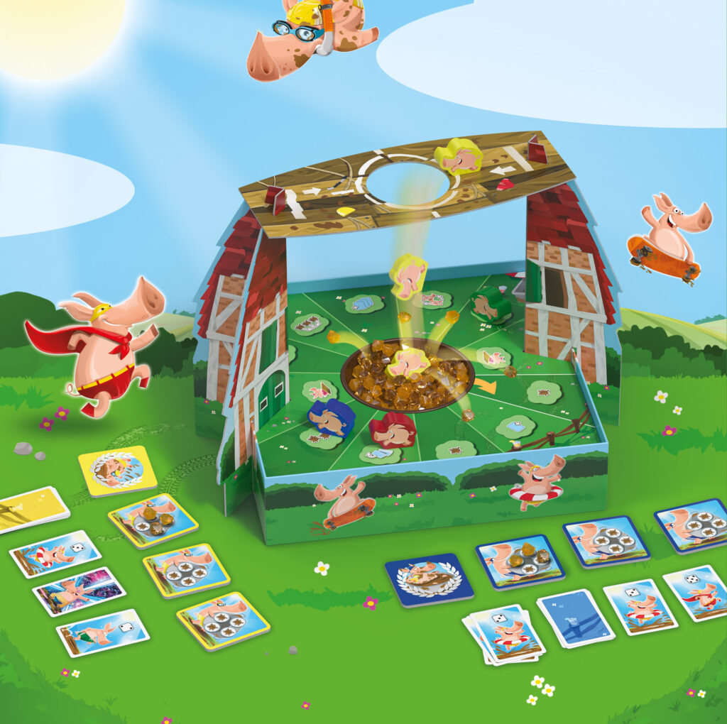 Ein farbenfrohes Brettspiel mit einer aufklappbaren Scheune, drei Schweinefiguren, Wolfsfiguren, Spielsteinen und verschiedenen illustrierten Karten, die auf grünem Gras unter einem sonnigen Himmel ausgelegt sind.