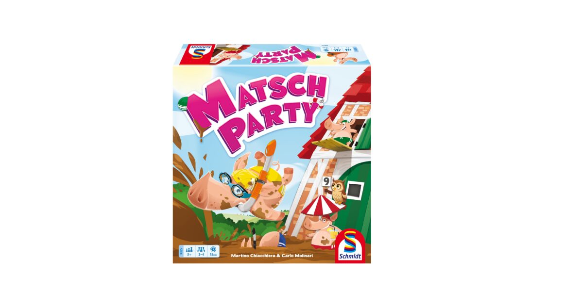 Schachtel des Brettspiels „Matsch Party“ mit Comic-Schweinen, die neben einem Bauernhaus im Matsch spielen, hergestellt von Schmidt Spiele.