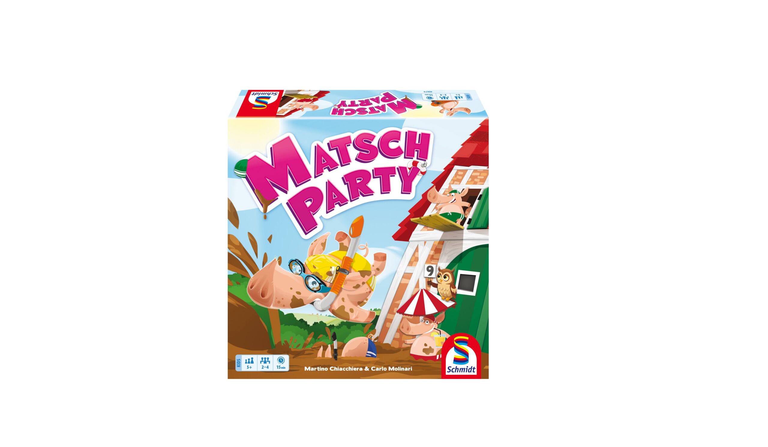 Schachtel des Brettspiels „Matsch Party“ mit Comic-Schweinen, die neben einem Bauernhaus im Matsch spielen, hergestellt von Schmidt Spiele.