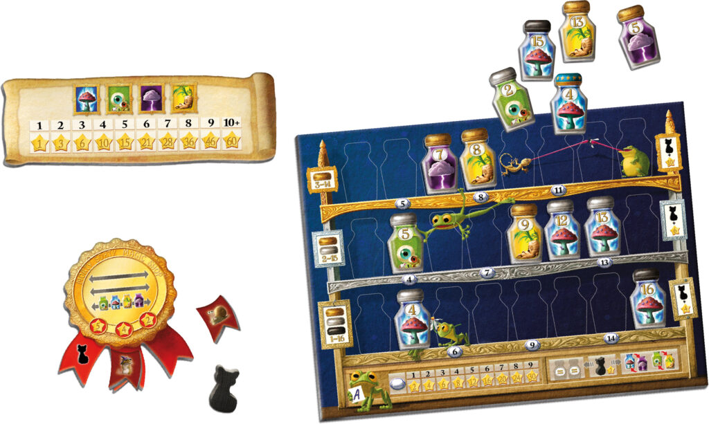 Ein Spielbrett mit Zaubertrankflaschen, nummerierten Feldern, Spielsteinen, einer Punkteleiste und einer Medaille, auf der Bänder und das Symbol einer schwarzen Katze abgebildet sind.
