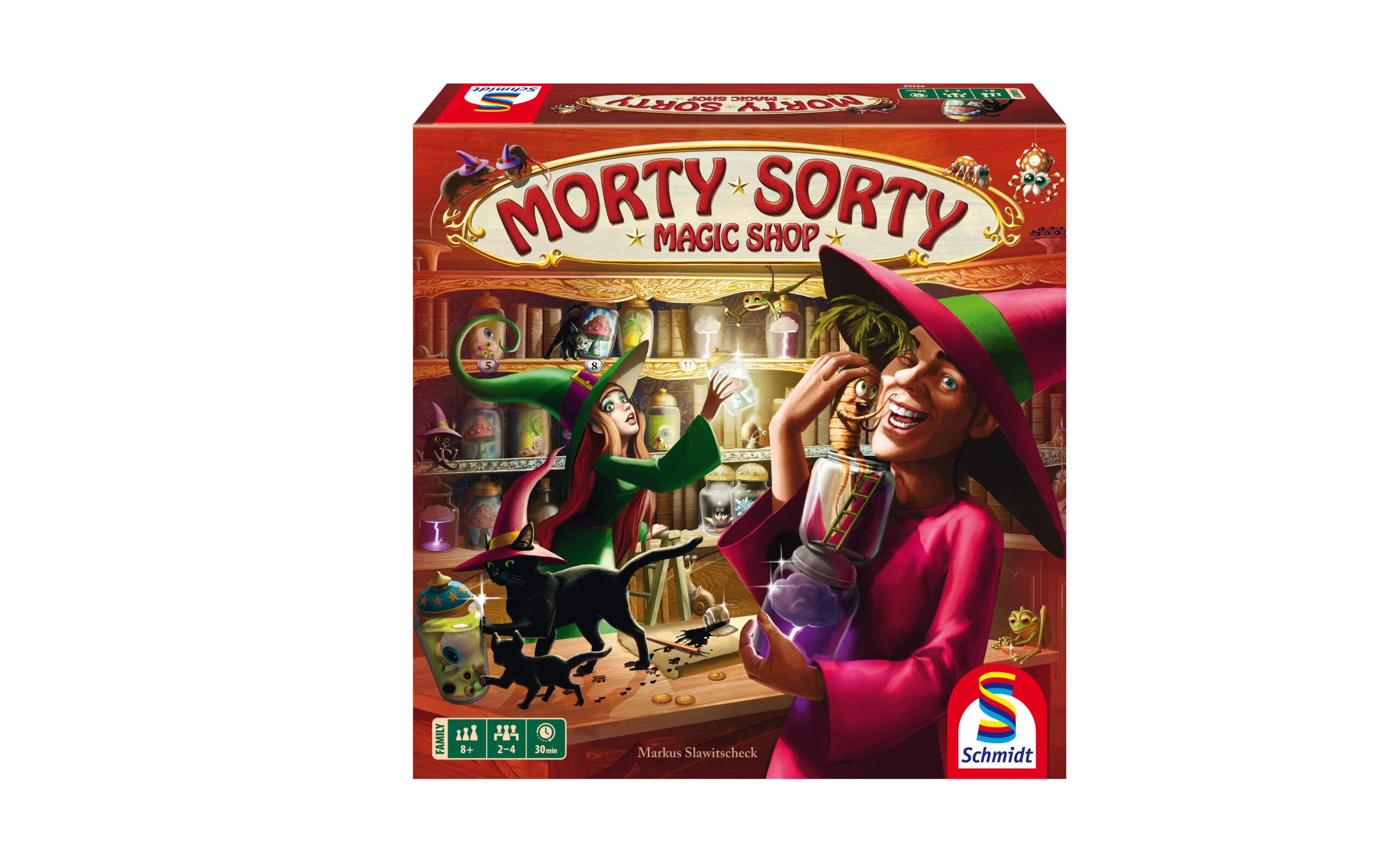 Die Verpackung des Brettspiels „Morty Sorty Magic Shop“ zeigt zwei Comic-Hexen, eine schwarze Katze und magische Gegenstände in einem farbenfrohen Laden. In der Ecke ist das Logo von Schmidt Spiele zu sehen.