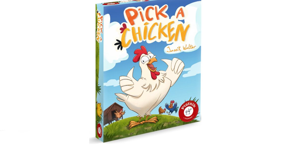 Schachtel für das Spiel „Pick a Chicken“ mit der Abbildung eines Huhns, einer Hofszene und eines blauen Himmels sowie dem Logo von Fat Brain Toy Co.