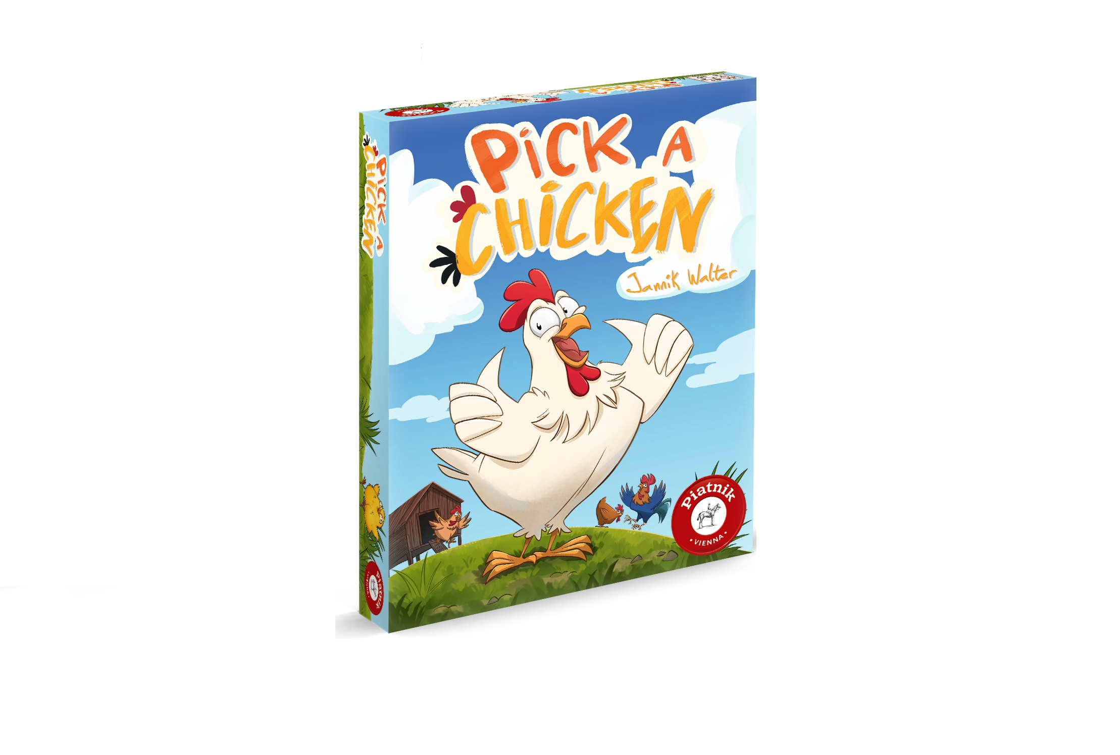 Schachtel für das Spiel „Pick a Chicken“ mit der Abbildung eines Huhns, einer Hofszene und eines blauen Himmels sowie dem Logo von Fat Brain Toy Co.