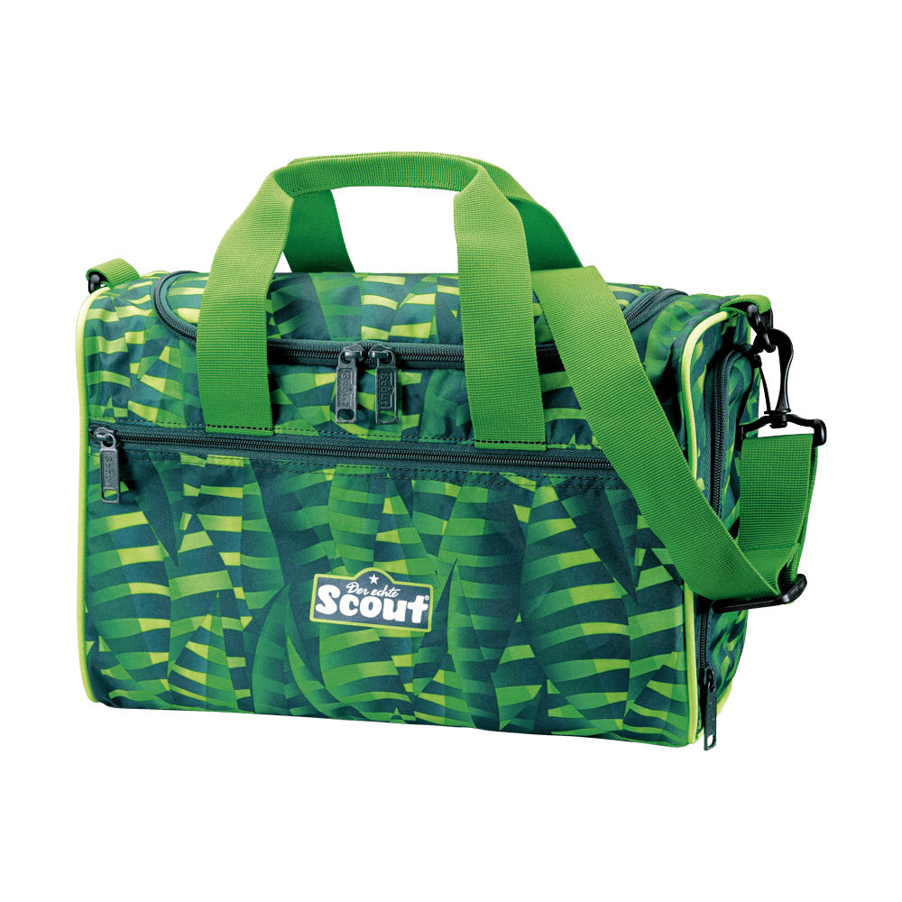 Grün-schwarz gemusterte, isolierte Lunch-Tasche mit zwei Tragegriffen, einem Schultergurt, einer Reißverschlusstasche vorne und dem „Scout“-Logo auf der Vorderseite.