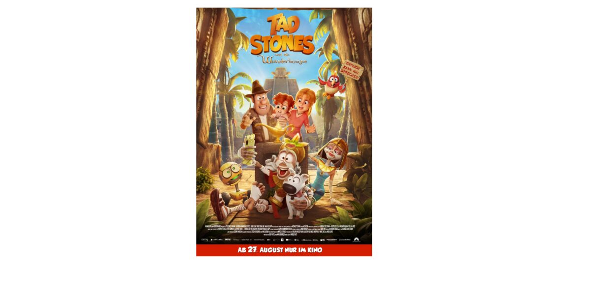 Animiertes Filmplakat für „Tad Stones“, auf dem Zeichentrickfiguren in einer abenteuerlichen tropischen Kulisse mit Palmen, einer Pyramide und blauem Himmel zu sehen sind.