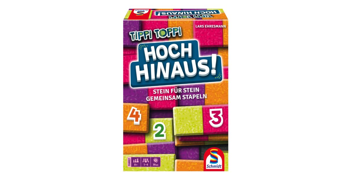 Eine bunte Brettspielschachtel mit dem deutschen Schriftzug „Tippi Toppi Hoch Hinaus!“ und den Zahlen 4, 2 und 3 auf übereinander gestapelten Bausteinen. Unten ist das Schmidt Spiele-Logo zu sehen.