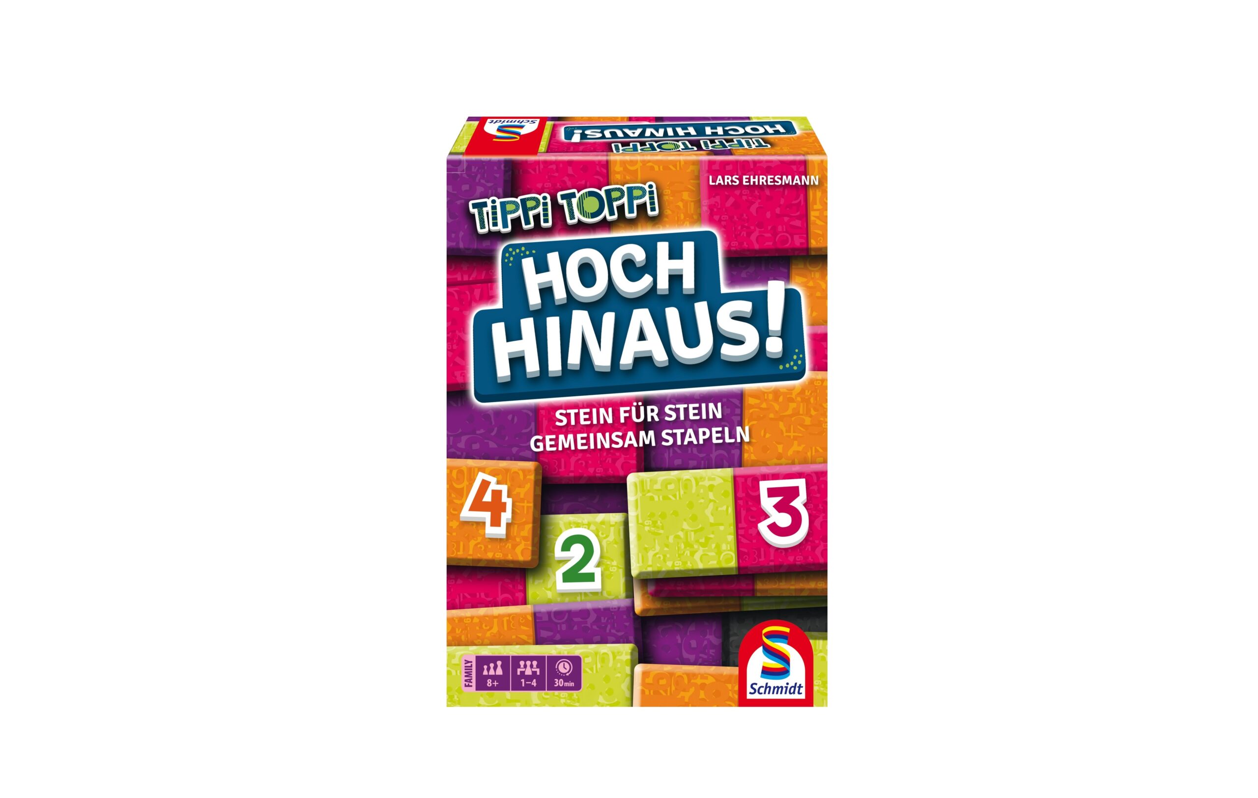 Eine bunte Brettspielschachtel mit dem deutschen Schriftzug „Tippi Toppi Hoch Hinaus!“ und den Zahlen 4, 2 und 3 auf übereinander gestapelten Bausteinen. Unten ist das Schmidt Spiele-Logo zu sehen.