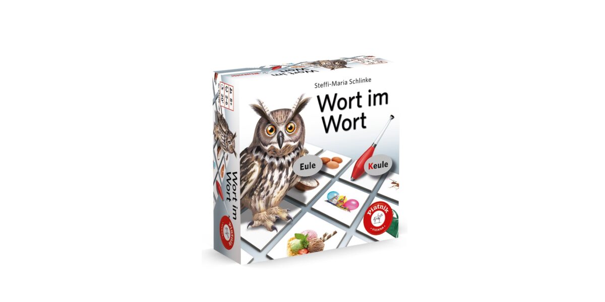 Schachtel des deutschen Wortspiels „Wort im Wort“ mit einer abgebildeten Eule und den Wortplättchen „Eule“ und „Keule“ auf der Vorderseite, zwischen denen ein Stift eine Linie zieht.