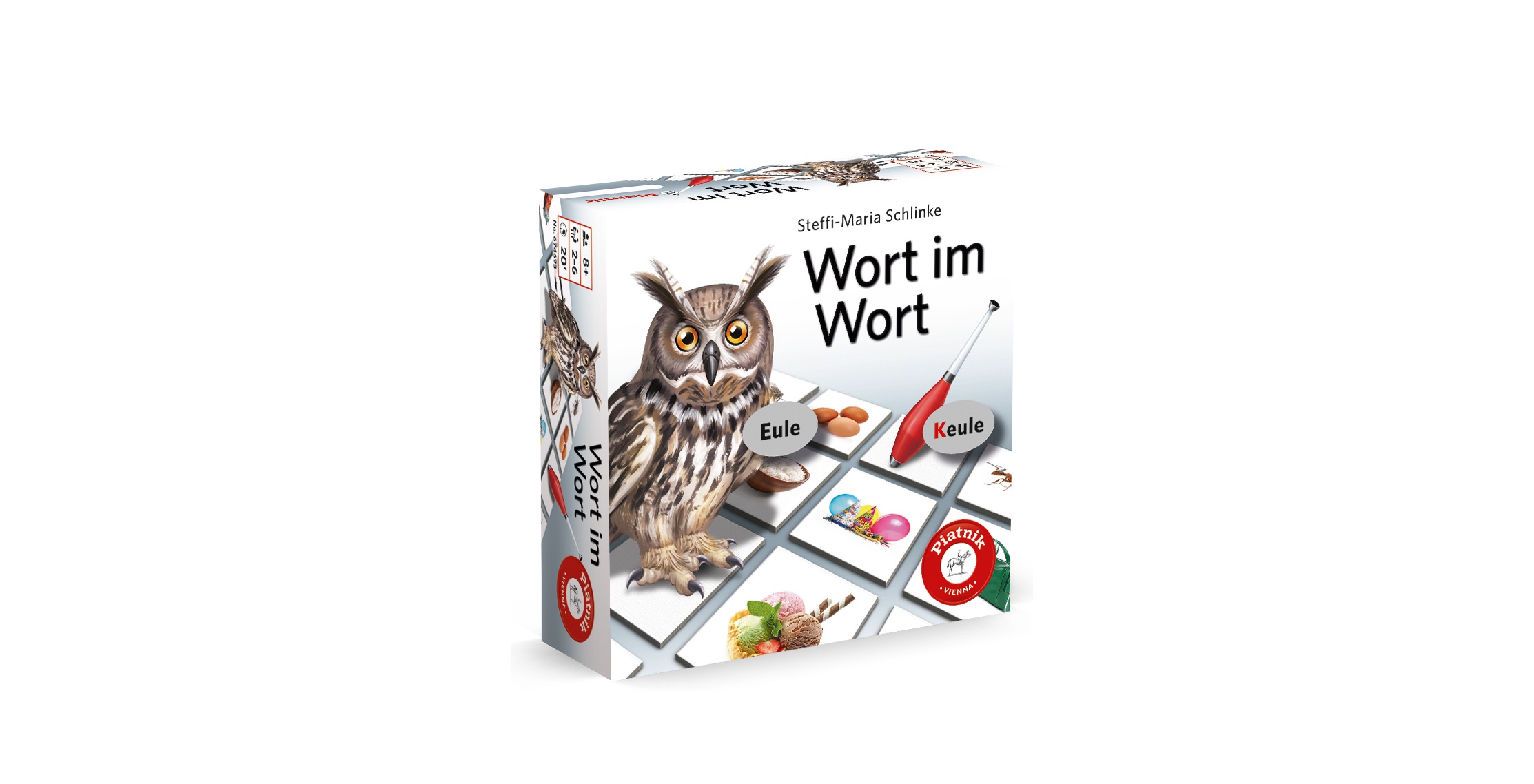 Schachtel des deutschen Wortspiels „Wort im Wort“ mit einer abgebildeten Eule und den Wortplättchen „Eule“ und „Keule“ auf der Vorderseite, zwischen denen ein Stift eine Linie zieht.
