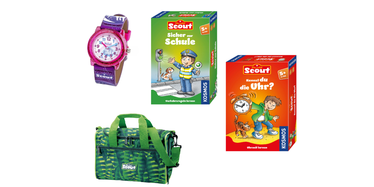 Auf einem weißen Hintergrund sind eine rosa Kinderarmbanduhr, zwei Schachteln mit Lernspielen der Marke „Scout“ und eine grün gestreifte „Scout“-Reisetasche zu sehen.