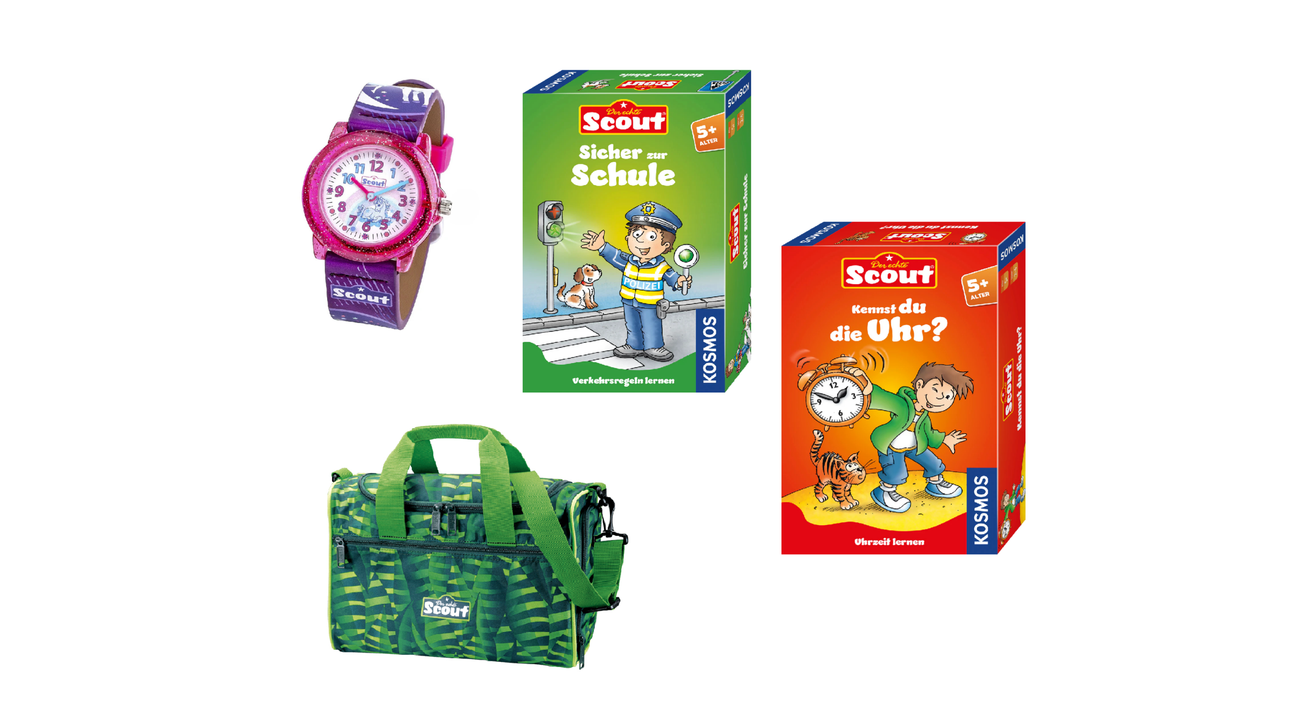 Auf einem weißen Hintergrund sind eine rosa Kinderarmbanduhr, zwei Schachteln mit Lernspielen der Marke „Scout“ und eine grün gestreifte „Scout“-Reisetasche zu sehen.