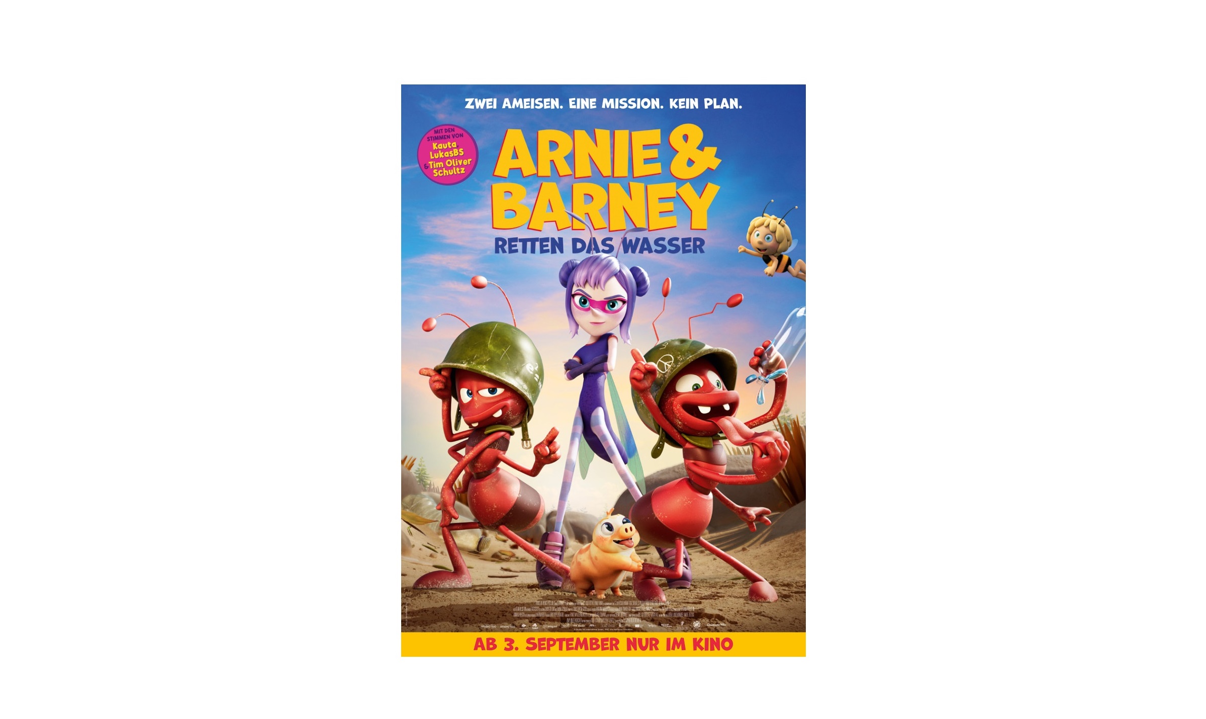 Animiertes Filmplakat, auf dem zwei Zeichentrickameisen und ein Mädchen in einem lila Anzug zu sehen sind, die auf Sand stehen; daneben befinden sich eine Schnecke und ein weiteres kleines Insekt. Der Titel lautet „ARNIE & BARNEY RETTEN DAS WASSER.“.