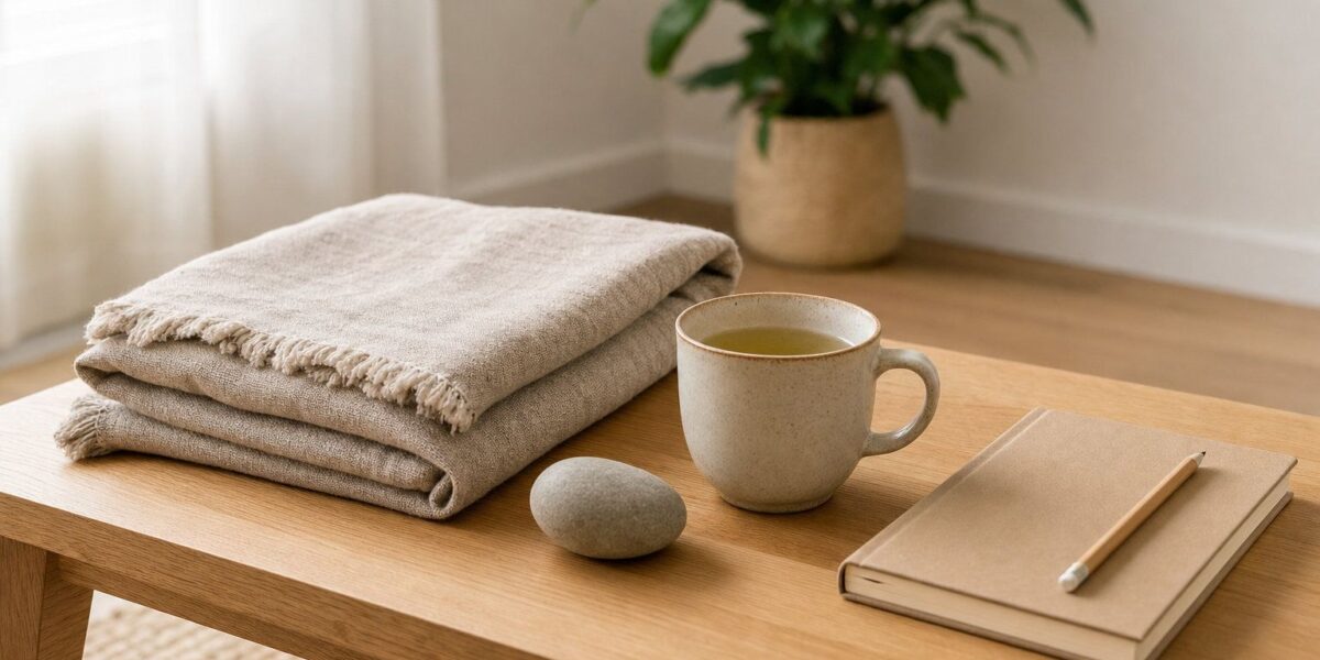 Ein Holztisch mit zusammengefalteten beigen Decken, einem glatten Stein, einem Becher und einem geschlossenen Notizbuch mit einem Bleistift, im Hintergrund eine Topfpflanze.