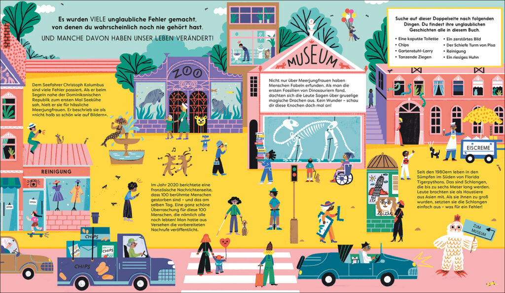 Farbenfrohe, illustrierte Straßenszene mit verschiedenen Menschen, Tieren und Gebäuden, darunter ein Zoo, ein Museum und ein Geschäft, mit deutschem Text und spielerischen Suchelementen im gesamten Bild.