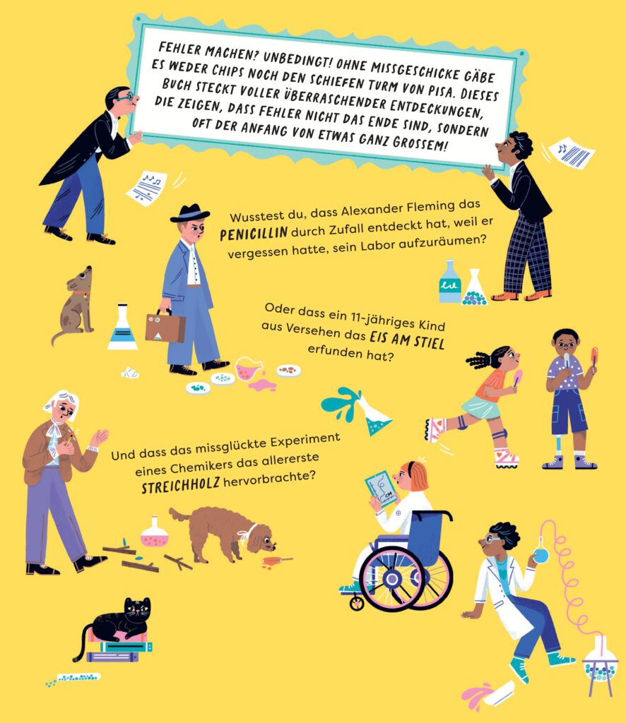Illustrierte Seite mit Abbildungen von Menschen, Tieren und wissenschaftlichen Objekten sowie einem deutschen Text über zufällige wissenschaftliche Entdeckungen wie Penicillin, Röntgenstrahlen und die Erfindung des Radiergummis.