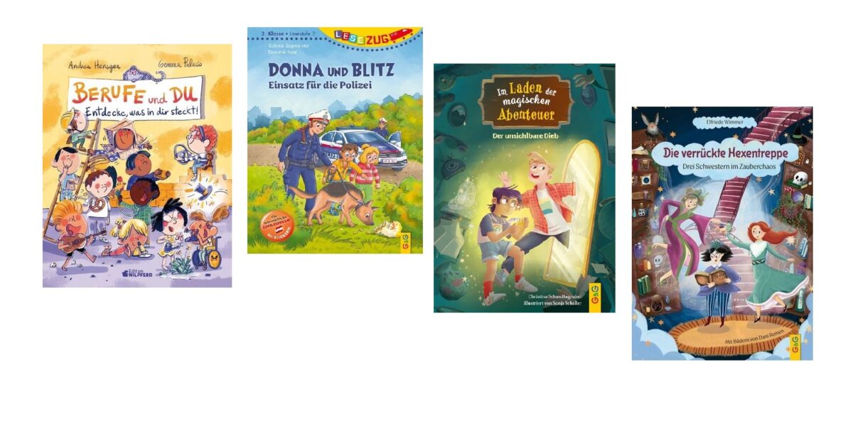Vier illustrierte deutsche Kinderbuchcover, die nebeneinander ausgestellt sind; jedes zeigt farbenfrohe Zeichnungen und verspielte Figuren, die sich auf verschiedene Themen und Abenteuer beziehen.