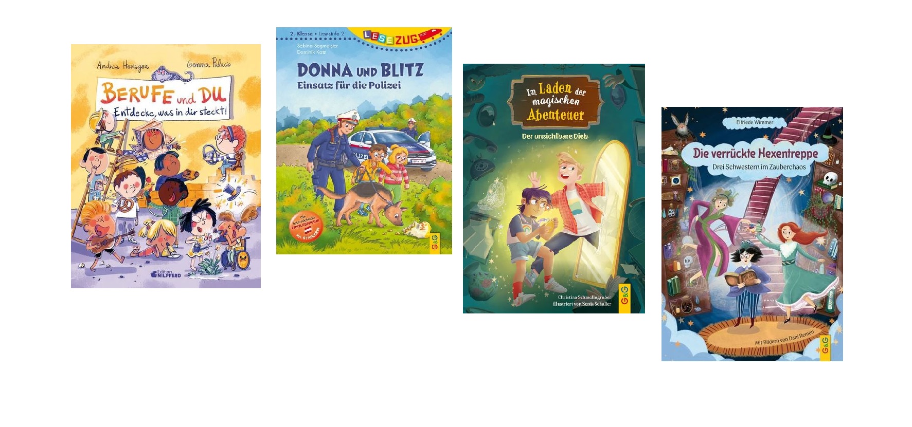 Vier illustrierte deutsche Kinderbuchcover, die nebeneinander ausgestellt sind; jedes zeigt farbenfrohe Zeichnungen und verspielte Figuren, die sich auf verschiedene Themen und Abenteuer beziehen.