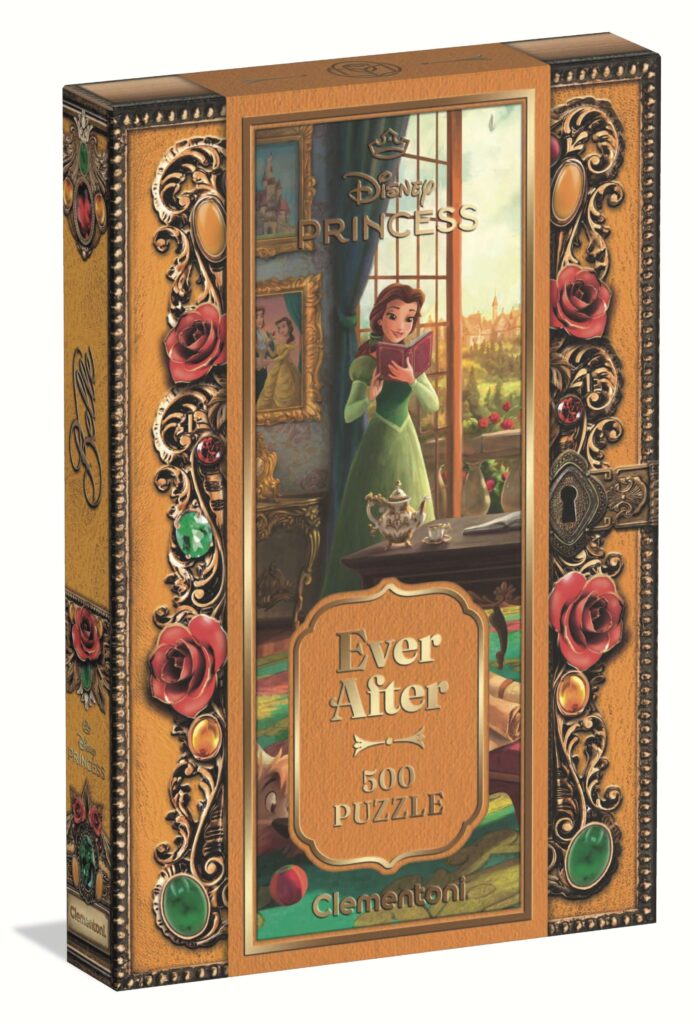 Eine rechteckige Schachtel mit einem 500-teiligen Clementoni-Puzzle, auf dem Disneys Belle in einem detailreichen, kunstvollen Rahmen mit Rosen und Edelsteinen abgebildet ist.