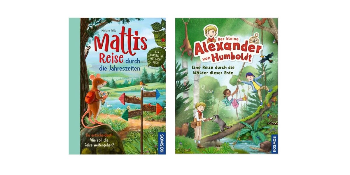 Zwei illustrierte deutsche Kinderbuchcover, auf denen Tiere und Kinder zu sehen sind, die die Natur erkunden, mit grünem und blauem Hintergrund und dem Kosmos-Verlagslogo in der Ecke jedes Covers.