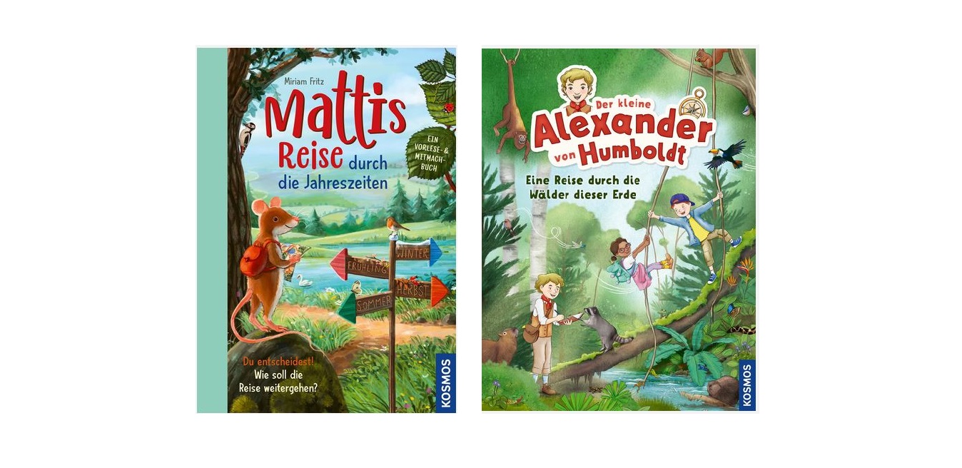 Zwei illustrierte deutsche Kinderbuchcover, auf denen Tiere und Kinder zu sehen sind, die die Natur erkunden, mit grünem und blauem Hintergrund und dem Kosmos-Verlagslogo in der Ecke jedes Covers.
