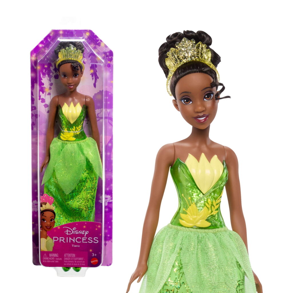 Disney-Prinzessin-Tiana-Puppe in einem grünen Kleid und mit einer Tiara, sowohl in der Verpackung als auch außerhalb der Verpackung abgebildet.