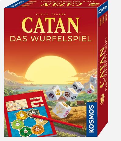 Schachtel des Brettspiels „CATAN: Das Würfelspiel“ mit Würfeln, einem Punkteblatt, einem Bleistift und einem Sonnenuntergang über Feldern.