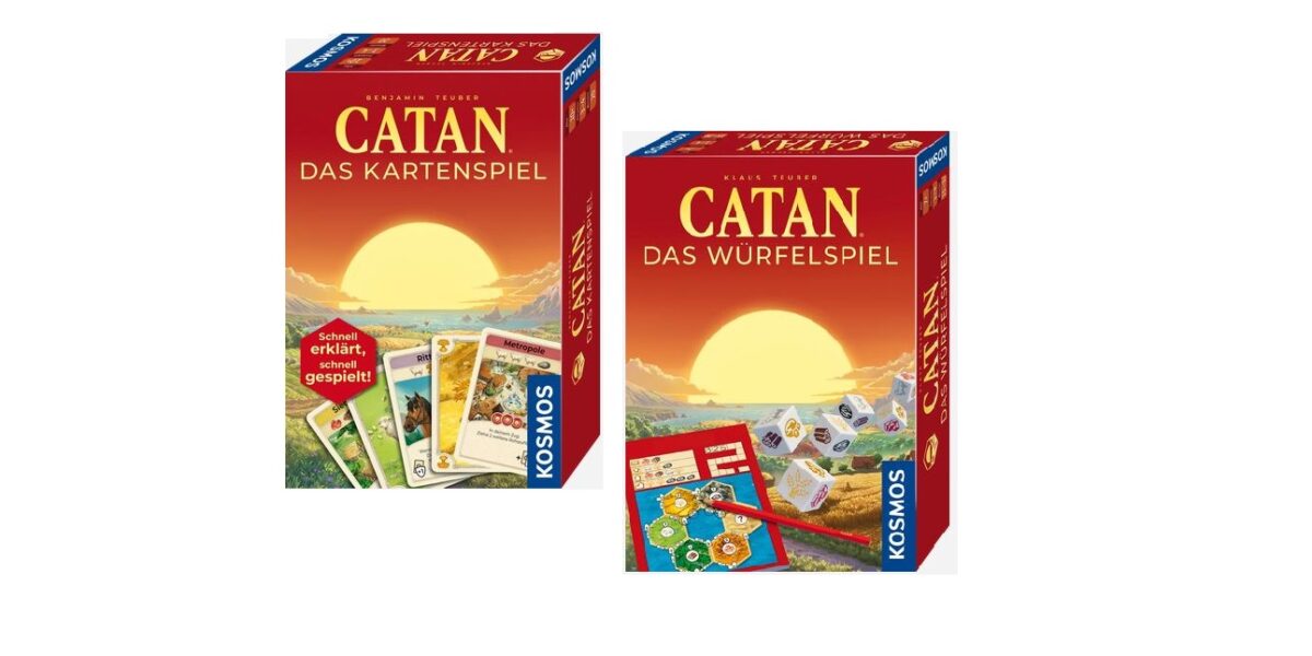 Zwei Spiele in Schachteln: „Catan – Das Kartenspiel“ auf der linken Seite und „Catan – Das Würfelspiel“ auf der rechten Seite, beide mit einem Sonnenuntergangshintergrund und dem Kosmos-Logo.
