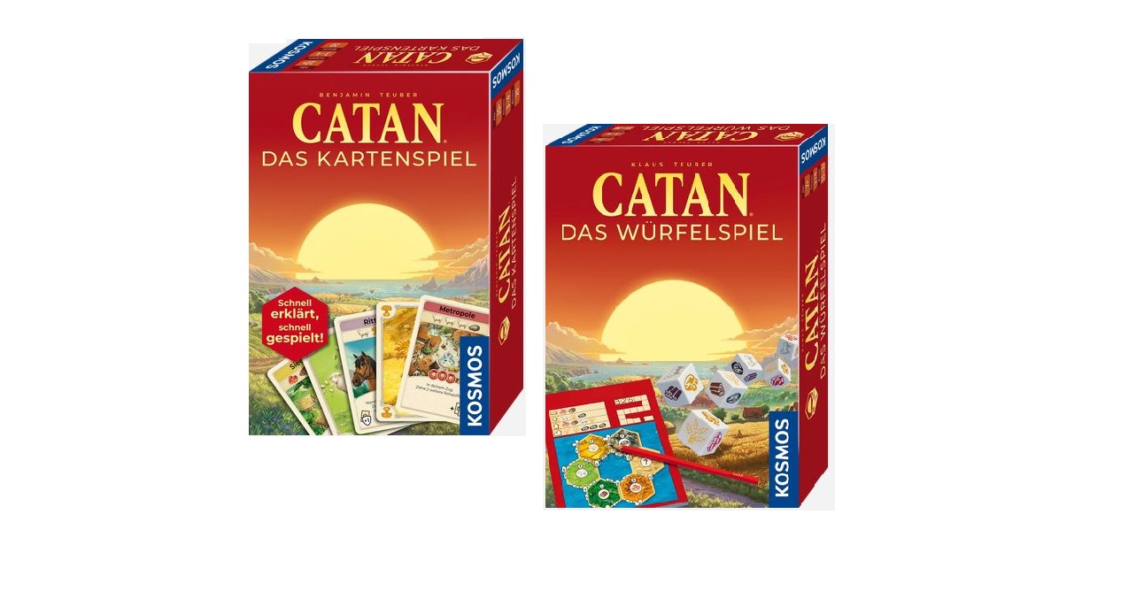 Zwei Spiele in Schachteln: „Catan – Das Kartenspiel“ auf der linken Seite und „Catan – Das Würfelspiel“ auf der rechten Seite, beide mit einem Sonnenuntergangshintergrund und dem Kosmos-Logo.