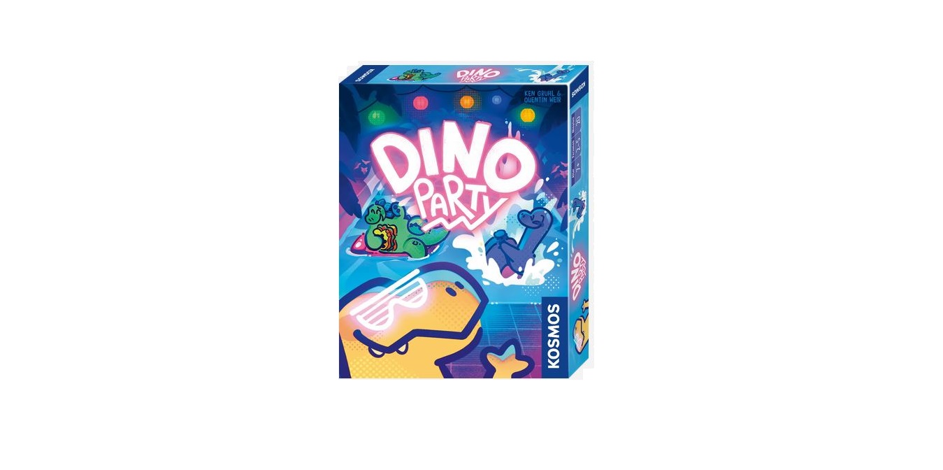 Eine blaue Schachtel mit dem Spiel „Dino Party“ von Kosmos, deren Vorderseite mit bunten Comic-Dinosauriern und Lichtern verziert ist.