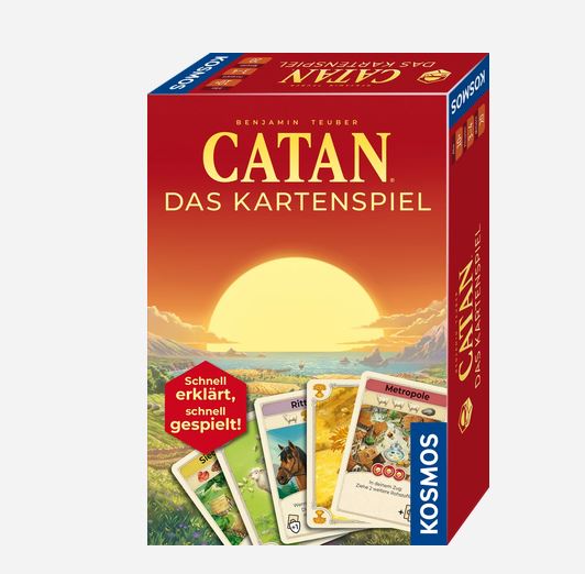 Schachtel von „Catan: Das Kartenspiel“ mit dem Sonnenuntergang-Logo, vier Beispielkarten und dem Kosmos-Logo in deutscher Sprache.