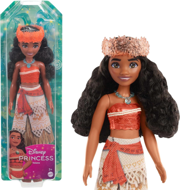 Disney-Prinzessin-Moana-Puppe mit langen, lockigen schwarzen Haaren, die ein orangefarbenes Oberteil, einen gemusterten Rock und einen Blumenkranz trägt; abgebildet sowohl in der Verpackung als auch ausgepackt.