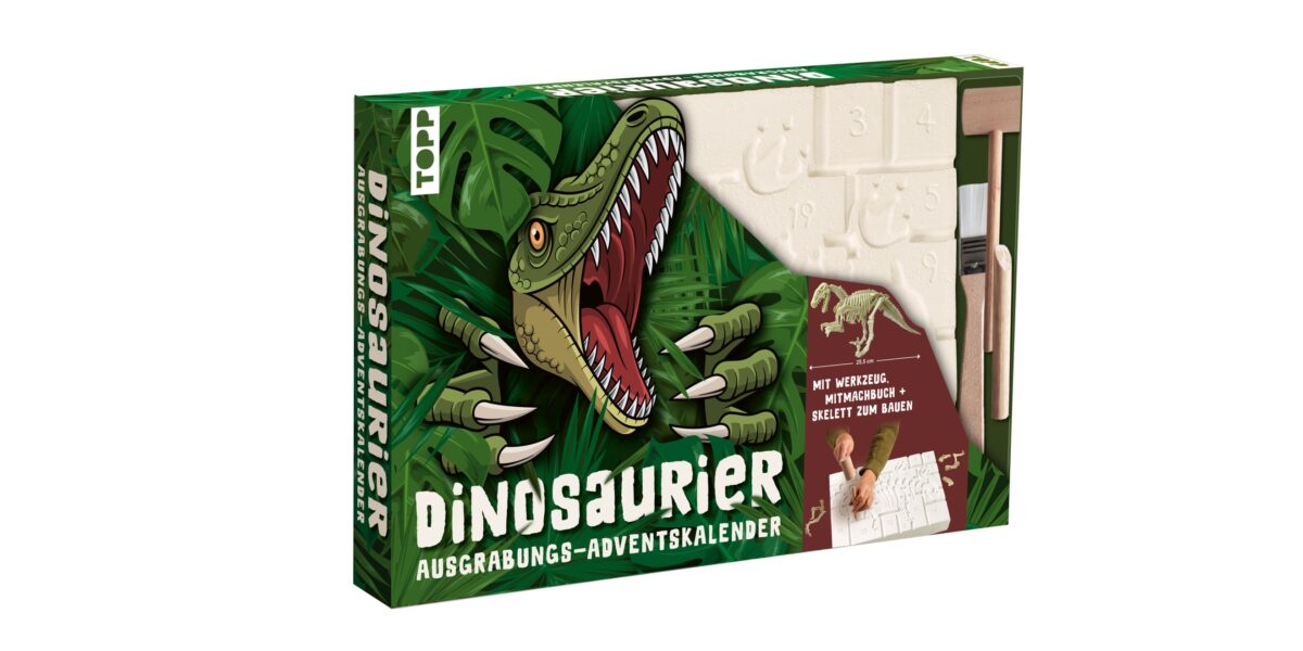 Schachtel mit dem „Dinosaurier-Ausgrabungs-Adventskalender“ mit einer Illustration eines brüllenden Dinosauriers, Ausgrabungswerkzeugen und einem Adventskalender zum Thema Dinosaurierfossilien.