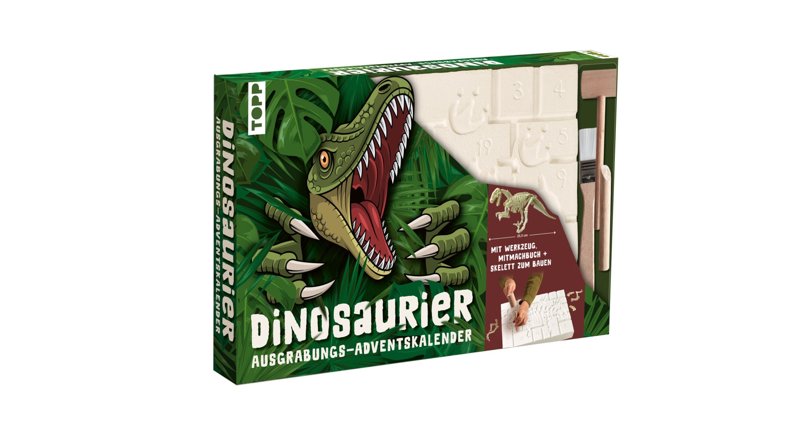 Schachtel mit dem „Dinosaurier-Ausgrabungs-Adventskalender“ mit einer Illustration eines brüllenden Dinosauriers, Ausgrabungswerkzeugen und einem Adventskalender zum Thema Dinosaurierfossilien.