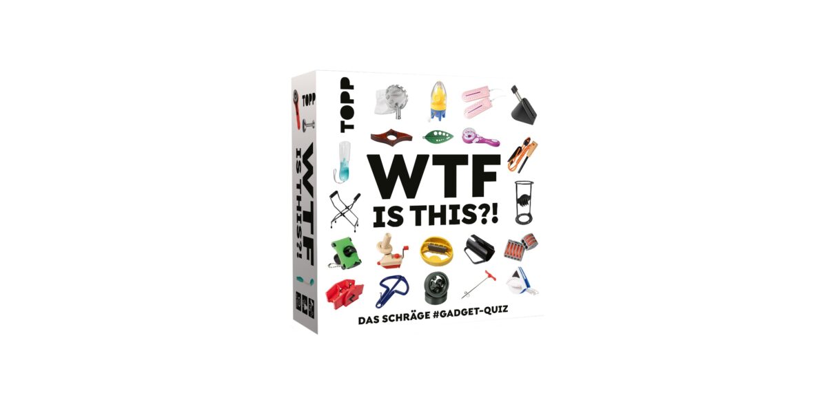 Eine Quizspiel-Box mit dem Titel „WTF IS THIS?!“, auf der Fotos von ungewöhnlichen Geräten und Gegenständen zu sehen sind, die um den Titel herum angeordnet sind.